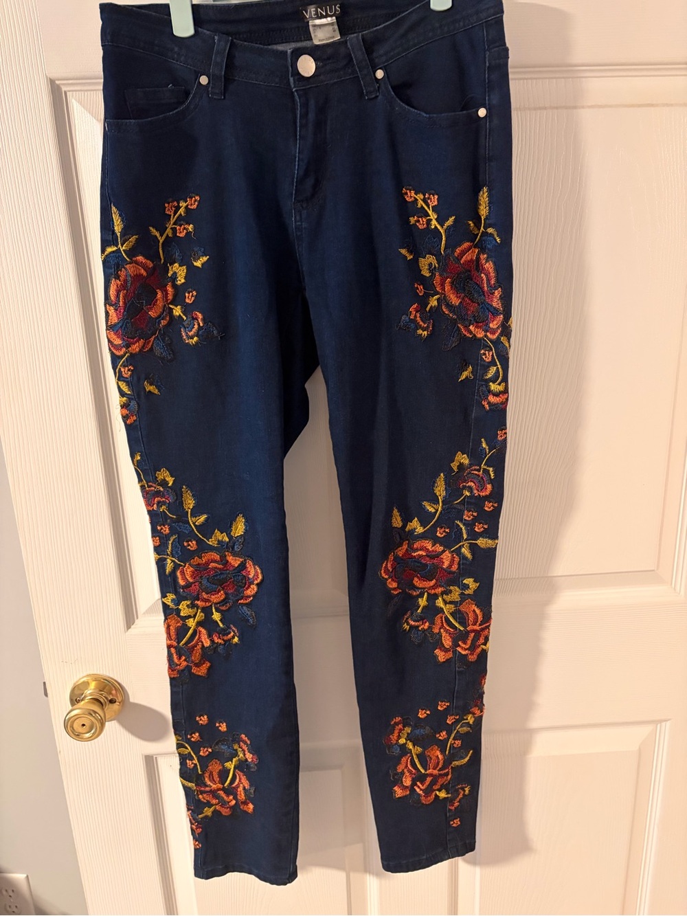 VENUS Dark Blue Skinny Jeans with Embroidered Floral Detail